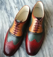 Load image into Gallery viewer, Men&#39;s Handmade Multi Color Leather Wing Tip Brogue Lace Up Shoes, Men Designer Dress Formal Luxury Shoes