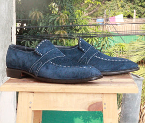 Men's Handmade Navy Blue Suede Penny Loafers, Men Designer Formal Dress Luxury Shoes