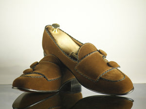 Men's Handmade Brown Velvet Loafers, Men Double Monk Strap Shoes, Men Designer Formal Dress Luxury Shoes