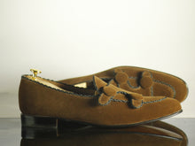 Load image into Gallery viewer, Men&#39;s Handmade Brown Velvet Loafers, Men Double Monk Strap Shoes, Men Designer Formal Dress Luxury Shoes