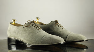Men's Handmade Gray Suede Cap Toe Lace Up Shoes, Men Designer Dress Formal Luxury Shoes