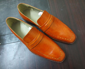Handmade Men's Tan Leather Penny Loafers, Men Designer Formal Dress Luxury Shoes