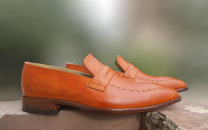 Handmade Men's Tan Leather Penny Loafers, Men Designer Formal Dress Luxury Shoes