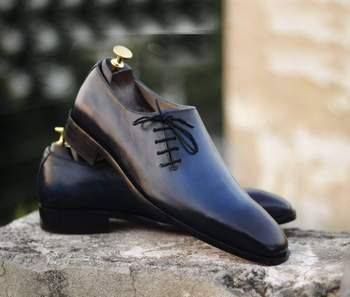 Handmade Men's Navy Blue Leather Side Lace Up Shoes, Men Designer Dress Formal Luxury Shoes