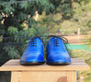 Handmade Men's Blue Leather Cap Toe Brogue Lace Up Shoes, Men Designer Dress Formal Luxury Shoes