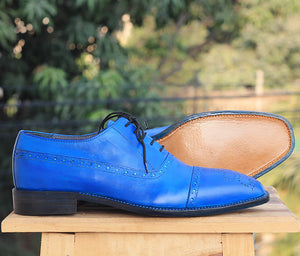 Handmade Men's Blue Leather Cap Toe Brogue Lace Up Shoes, Men Designer Dress Formal Luxury Shoes