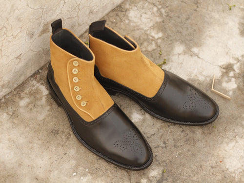Handmade Men's Tan Black Leather Suede Brogue Toe Button Boots, Men Ankle Boots, Men Designer Boots