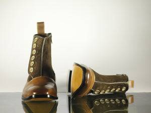 Handmade Men's Brown Leather Suede Cap Toe Button Side Zipper Boots, Men Ankle Boots, Men Designer Boots