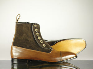Handmade Men's Brown Leather Suede Cap Toe Button Side Zipper Boots, Men Ankle Boots, Men Designer Boots
