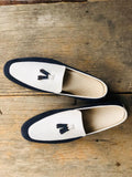 Elegant Blue & White Handmade Tassel Loafers for men, custom dress shoe for men, Men Leather & Corduroy Shoes - theleathersouq