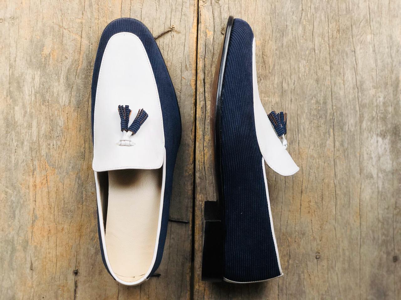Overholdelse af hydrogen inden for Elegant Blue & White Handmade Tassel Loafers for men, custom dress sho –  theleathersouq