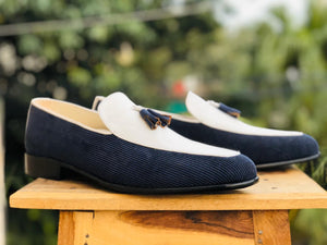 Elegant Blue & White Handmade Tassel Loafers for men, custom dress shoe for men, Men Leather & Corduroy Shoes - theleathersouq