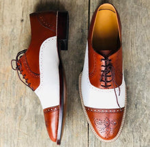 Load image into Gallery viewer, Handmade Men&#39;s White Brown Leather Cap Toe Brogue Lace Up Shoes, Men Dress Formal Luxury Shoes