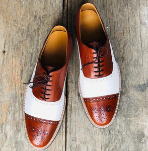 Handmade Men's White Brown Leather Cap Toe Brogue Lace Up Shoes, Men Dress Formal Luxury Shoes