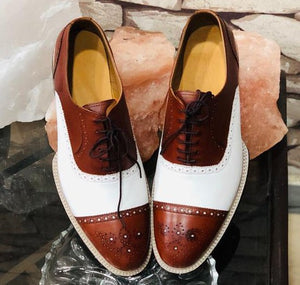 Handmade Men's White Brown Leather Cap Toe Brogue Lace Up Shoes, Men Dress Formal Luxury Shoes