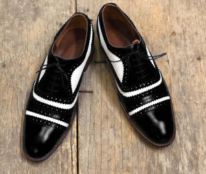 Handmade Men's Black White Leather Cap Toe Lace Up Shoes, Men Dress Formal Luxury Shoes
