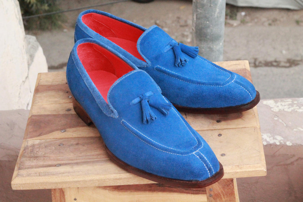 Handmade Men's Blue Suede Split Toe Tassel Loafer Shoes, Men Dress Formal Luxury Shoes