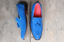 Load image into Gallery viewer, Handmade Men&#39;s Blue Suede Split Toe Tassel Loafer Shoes, Men Dress Formal Luxury Shoes