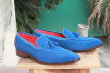 Load image into Gallery viewer, Handmade Men&#39;s Blue Suede Split Toe Tassel Loafer Shoes, Men Dress Formal Luxury Shoes