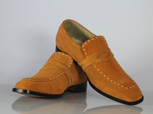Load image into Gallery viewer, Handmade Men&#39;s Tan Suede Penny Loafers, Men Designer Formal Dress Luxury Shoes