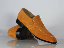 Load image into Gallery viewer, Handmade Men&#39;s Tan Suede Penny Loafers, Men Designer Formal Dress Luxury Shoes