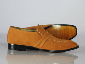 Handmade Men's Tan Suede Penny Loafers, Men Designer Formal Dress Luxury Shoes