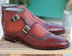 Handmade Men's Brown Leather Double Monk Strap Brogue Boots, Men Ankle Boots, Men Designer Boots