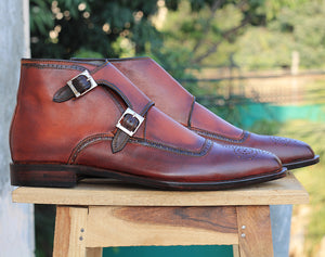 Handmade Men's Brown Leather Double Monk Strap Brogue Boots, Men Ankle Boots, Men Designer Boots