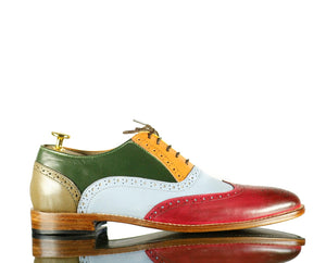 Handmade Men's Multi Color Leather Wing Tip Brogue Lace Up Shoes, Men Designer Dress Formal Shoes