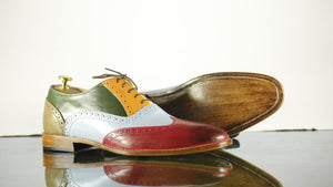 Handmade Men's Multi Color Leather Wing Tip Brogue Lace Up Shoes, Men Designer Dress Formal Shoes