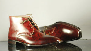 Handmade Men's Burgundy Leather Chukka Lace Up Boots, Men Ankle Boots, Men Designer Boots