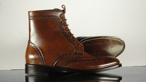 Handmade Men's Brown Leather Wing Tip Brogue Lace Up Boots, Men Ankle Boots, Men Designer Boots