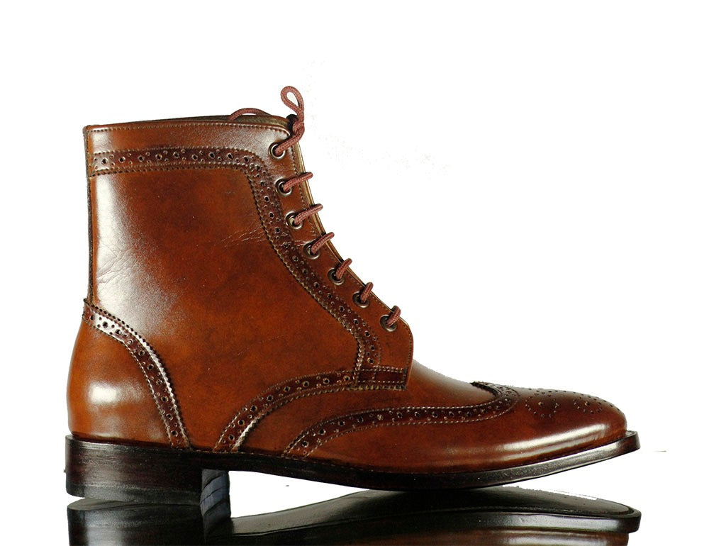 Handmade Men's Brown Leather Wing Tip Brogue Lace Up Boots, Men Ankle Boots, Men Designer Boots