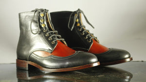 Handmade Men's Black Red Leather Wing Tip Lace Up Boots, Men Ankle Boots, Men Designer Boots