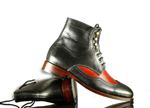 Handmade Men's Black Red Leather Wing Tip Lace Up Boots, Men Ankle Boots, Men Designer Boots