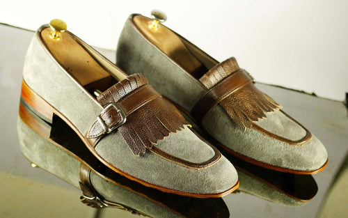 Handmade Men's Gray Brown Leather Suede Monk Strap Fringes Shoes, Men Designer Formal Dress Shoes