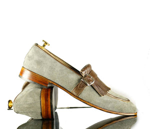 Handmade Men's Gray Brown Leather Suede Monk Strap Fringes Shoes, Men Designer Formal Dress Shoes