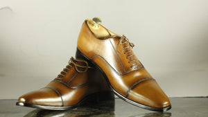 Handmade Men's Brown Leather Cap Toe Lace Up Shoes, Men Dress Formal Shoes