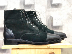 Handmade Men's Black Leather Suede Cap Toe Lace Up Boots, Men Ankle Boots, Men Designer Boots