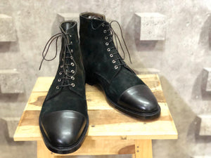Handmade Men's Black Leather Suede Cap Toe Lace Up Boots, Men Ankle Boots, Men Designer Boots