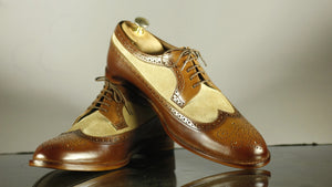 Handmade Men's Brown Beige Leather Suede Lace Up Shoes, Men Wing Tip Brogue Dress Formal Shoes