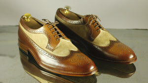 Handmade Men's Brown Beige Leather Suede Lace Up Shoes, Men Wing Tip Brogue Dress Formal Shoes
