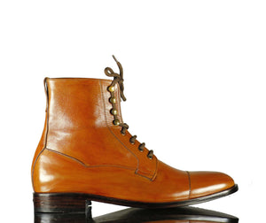 Handmade Men's Tan Leather Cap Toe Lace Up Boots, Men Ankle Boots, Men Fashion Boots