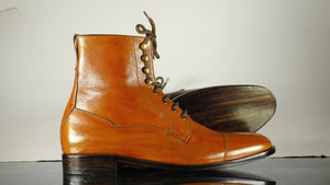 Handmade Men's Tan Leather Cap Toe Lace Up Boots, Men Ankle Boots, Men Fashion Boots