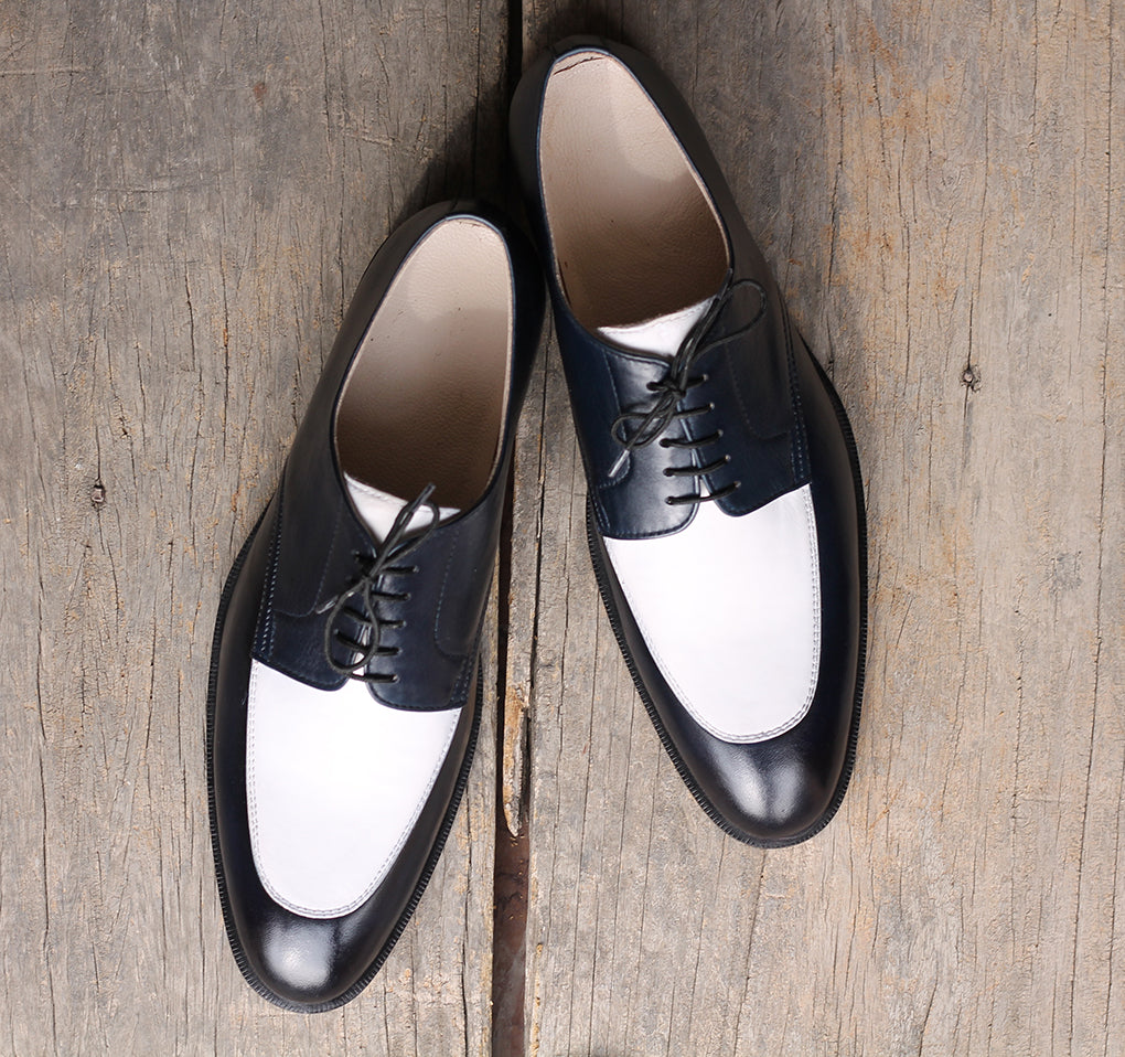 Handmade Men's Navy Blue White Leather Lace Up Shoes, Men Dress Formal Shoes