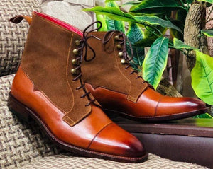 Awesome Handmade Men's Brown Leather Suede Cap Toe Lace Up Boots, Men Ankle Boots, Men Fashion Boots