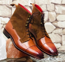 Load image into Gallery viewer, Awesome Handmade Men&#39;s Brown Leather Suede Cap Toe Lace Up Boots, Men Ankle Boots, Men Fashion Boots