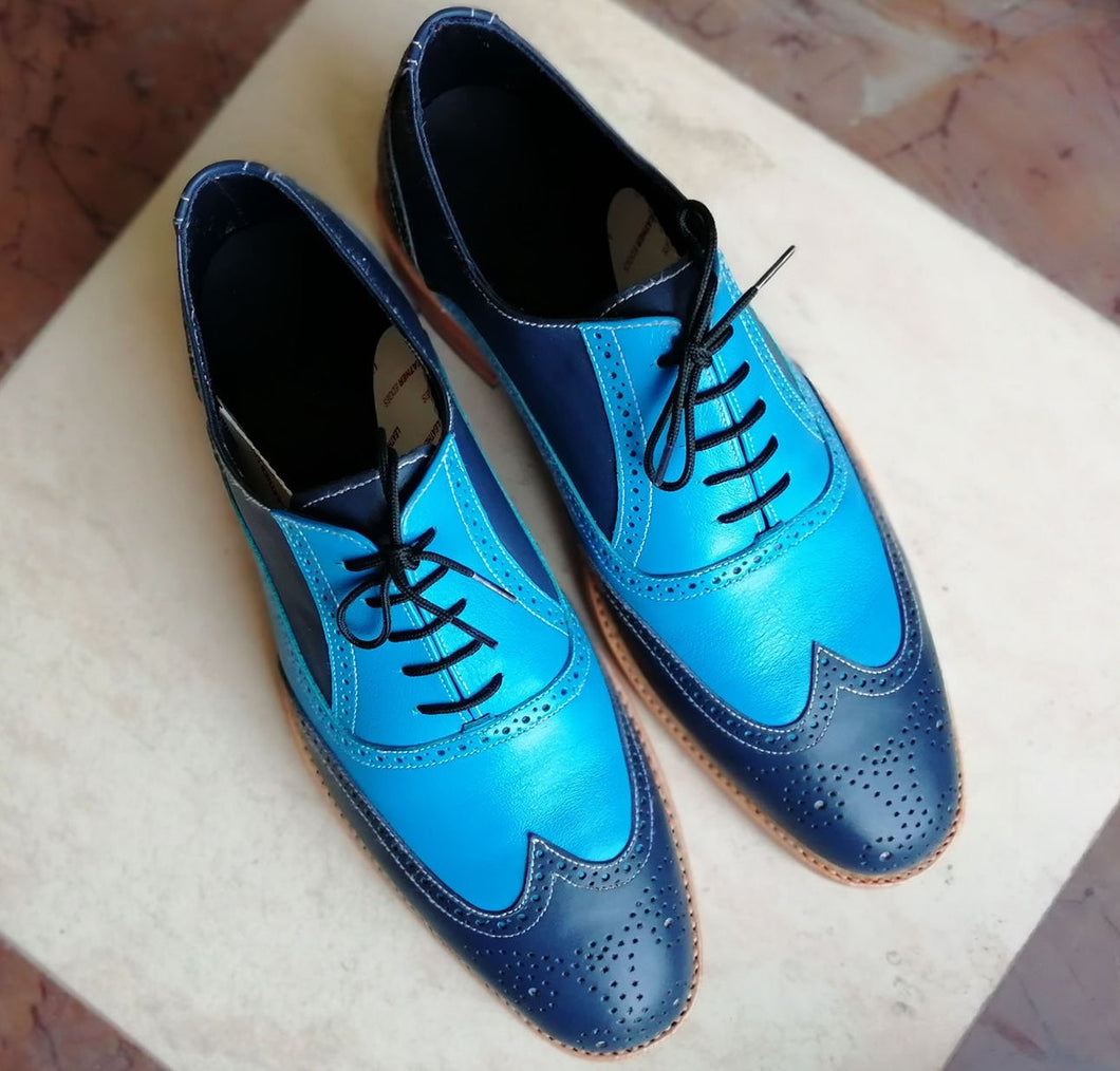 Handmade Men's Two Tone Blue Leather Wing Tip Brogue Lace Up Shoes, Men Dress Formal Shoes