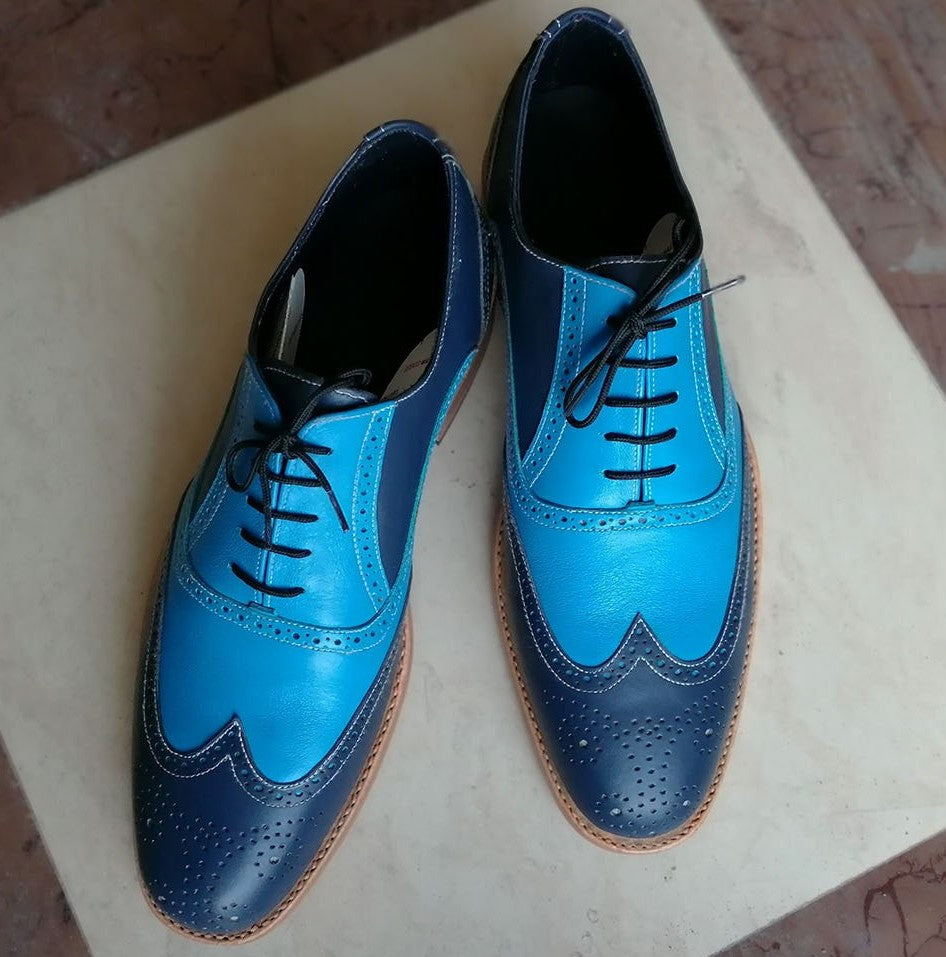 Handmade Men's Two Tone Blue Leather Wing Tip Brogue Lace Up Shoes, Me ...