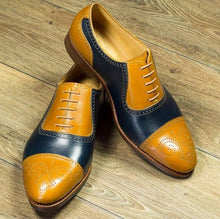 Load image into Gallery viewer, Handmade Men&#39;s Blue Yellow Leather Cap Toe Brogue Lace Up Shoes, Men Dress Formal Shoes
